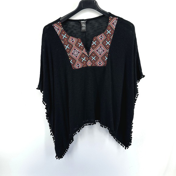 Rock 47 Sweaters - Rock 47 Poncho Women Medium Black Geometric Embroidered Pom Pom Trim Relaxed USA